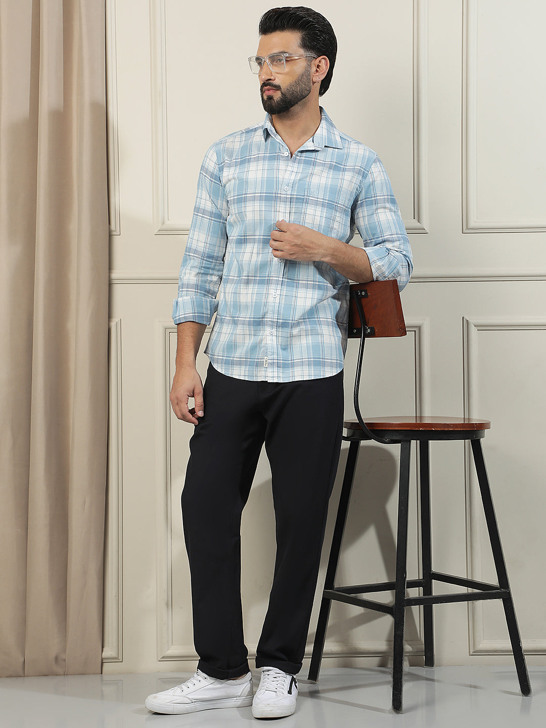 Pastel Blue 100% Cotton Checked Shirt