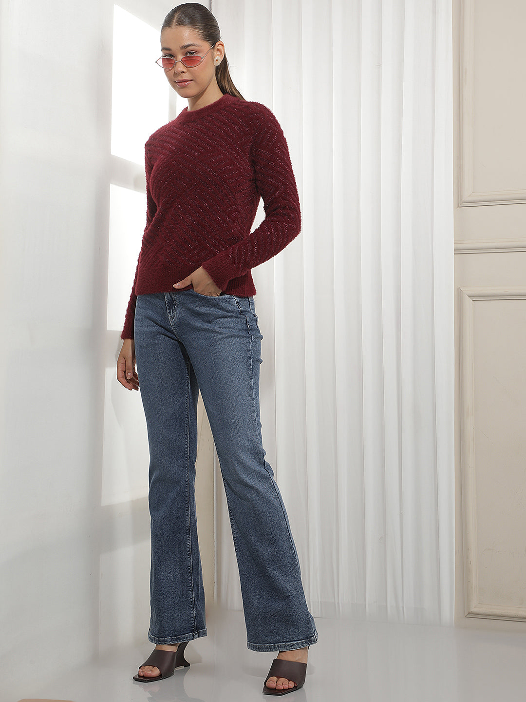 Maroon Jacquard Acrylic Sweater