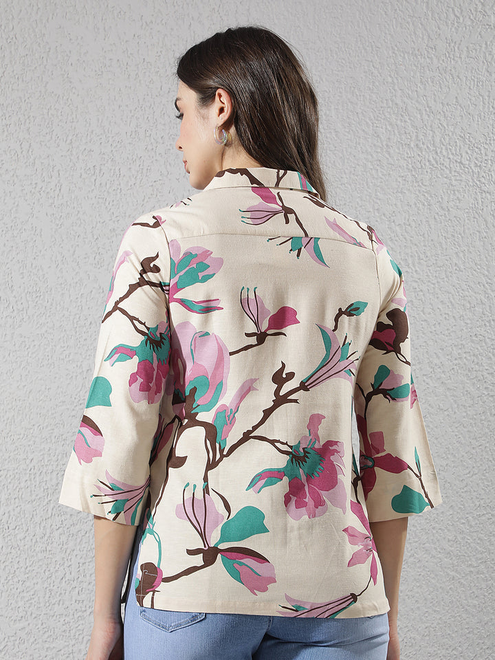 Pink Floral Print Linen Shirt