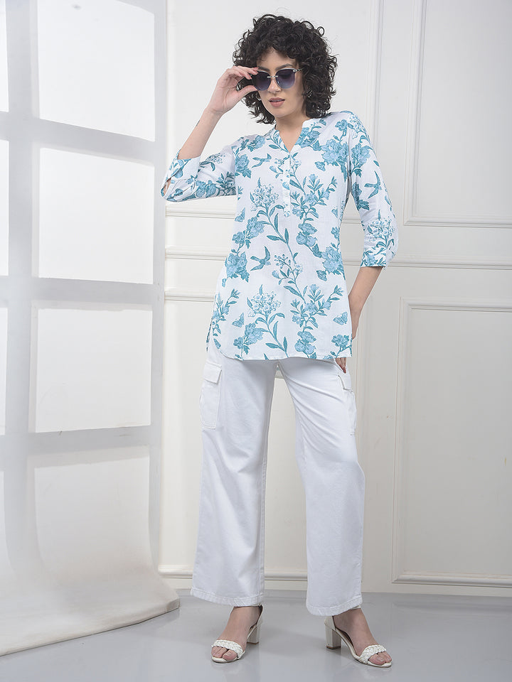 Green Floral Print V-Neck Linen Top