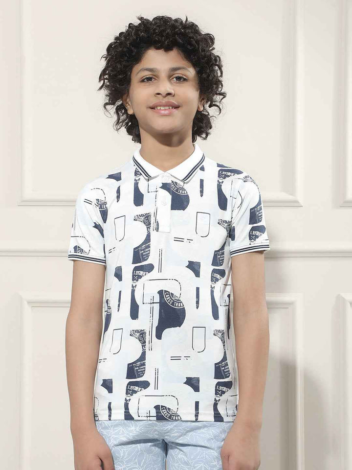 Blue Graphic Print Polo Neck T-Shirt
