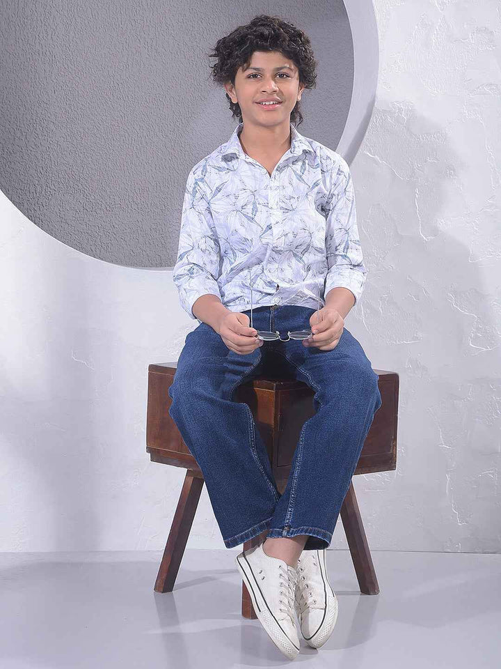 White Floral Print Modal Shirt