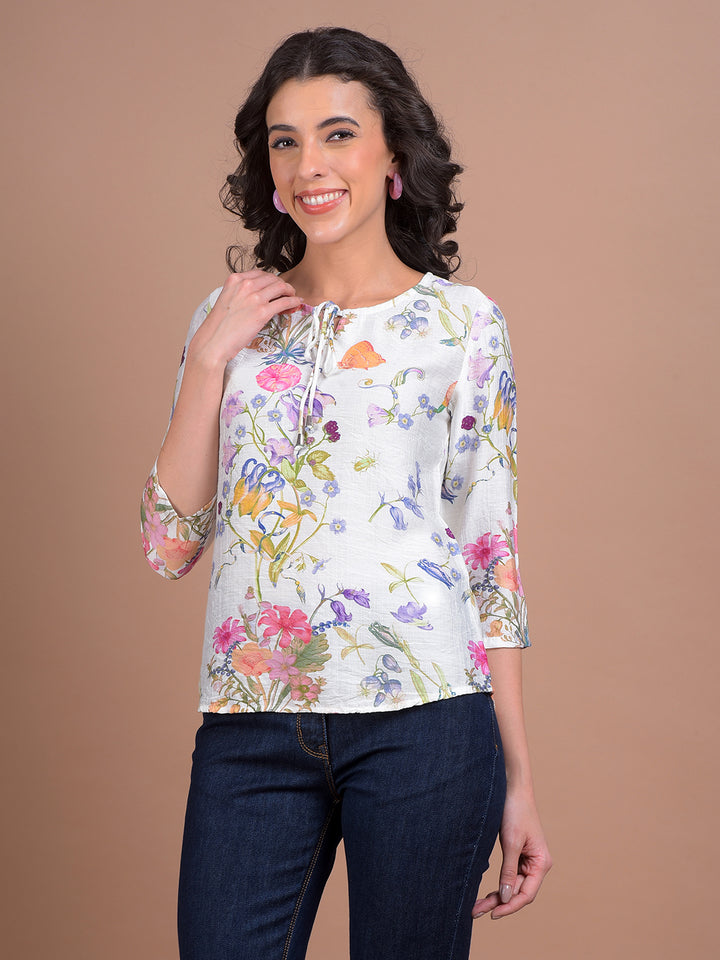White Floral Print Top