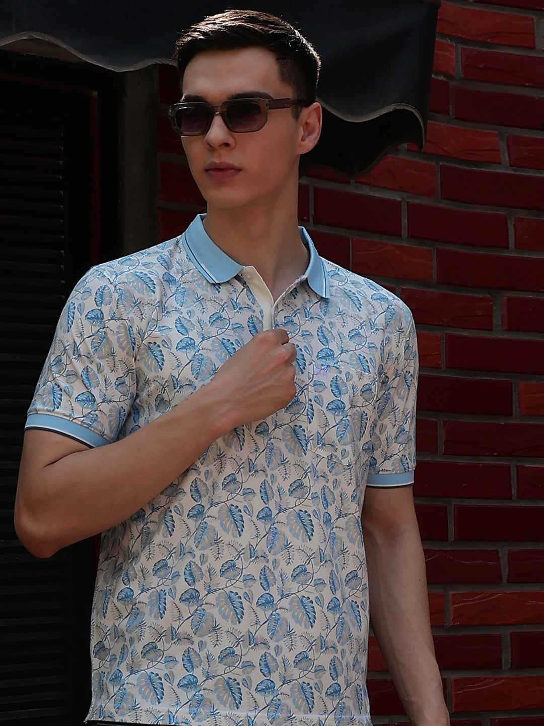 Blue Floral Print Polo Neck T-Shirt