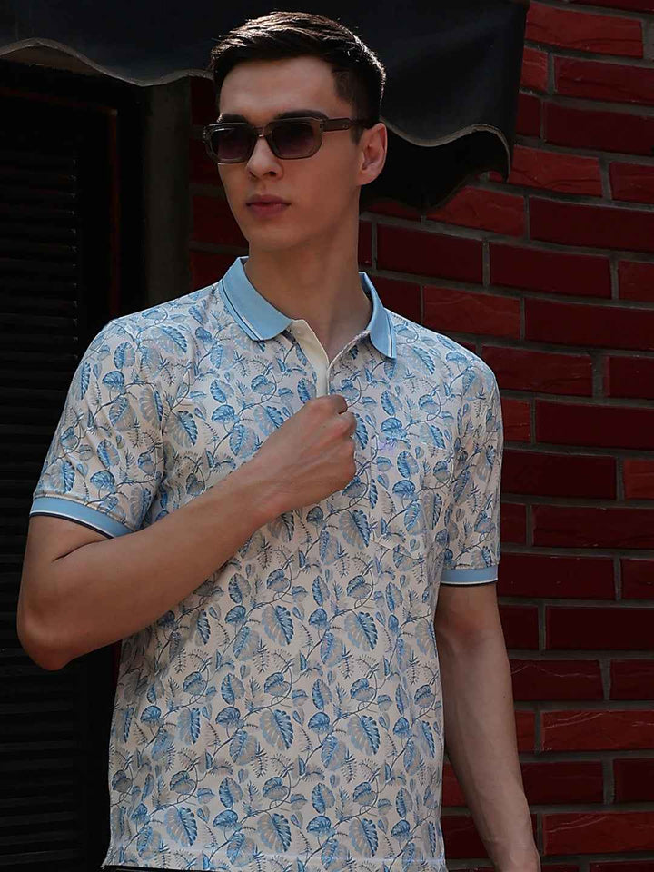 Blue Floral Print Polo Neck T-Shirt