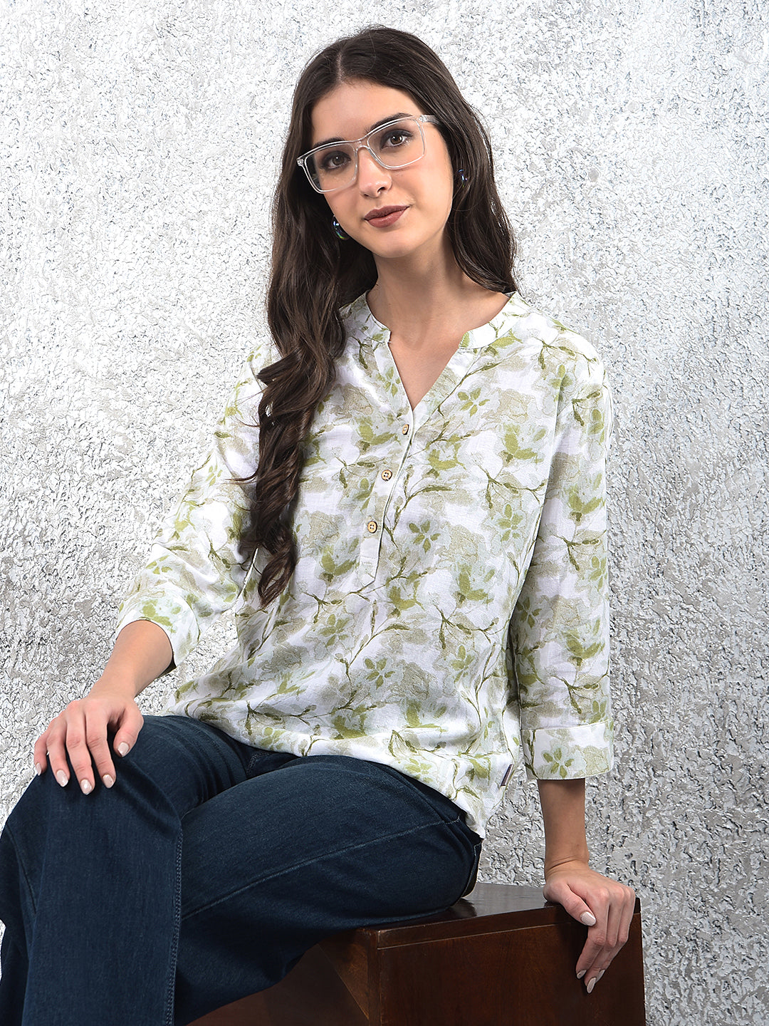 Green Floral Print V-Neck Linen Top