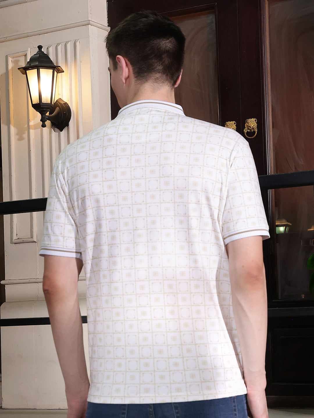 Beige Printed Polo Neck 100% Cotton T-Shirt