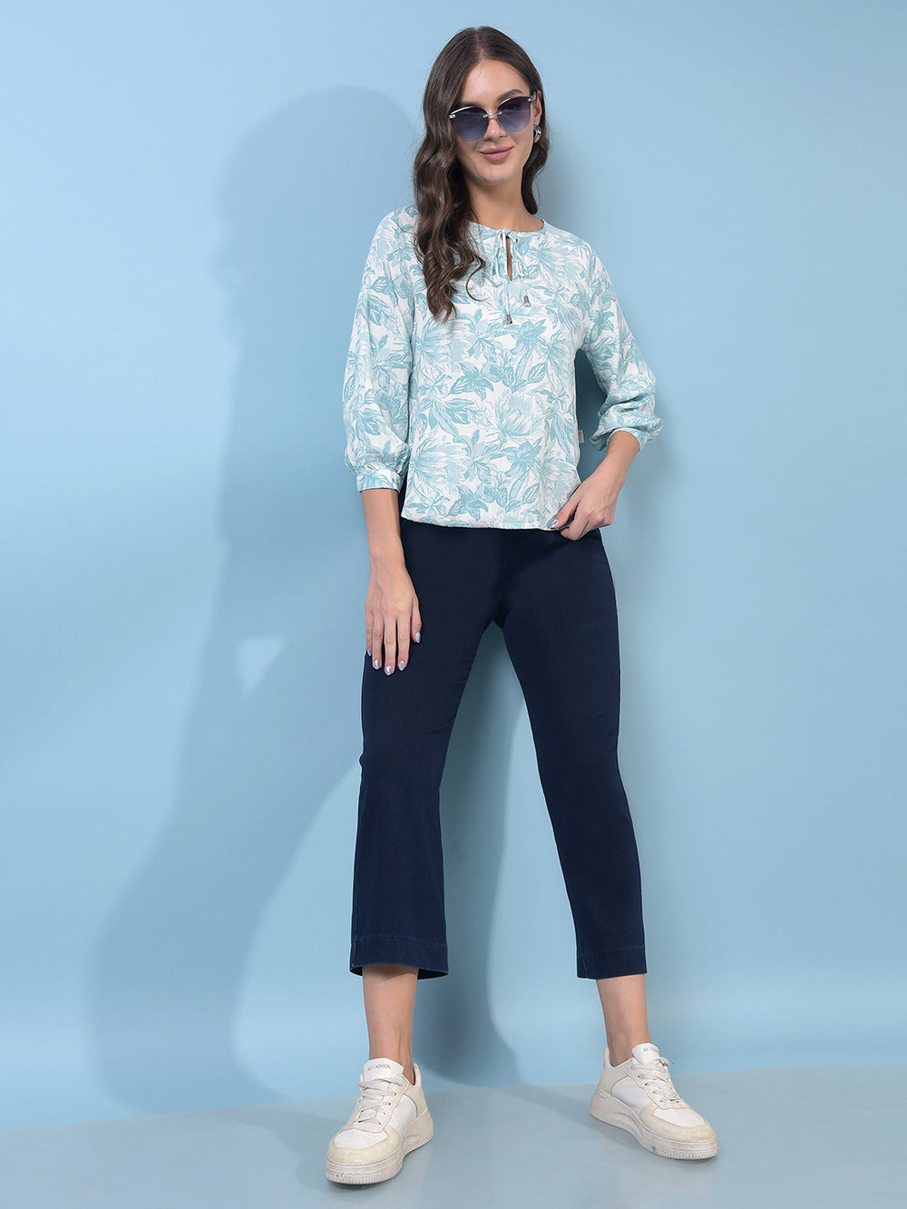 Green Floral Print Top-Women Tops-Crimsoune Club