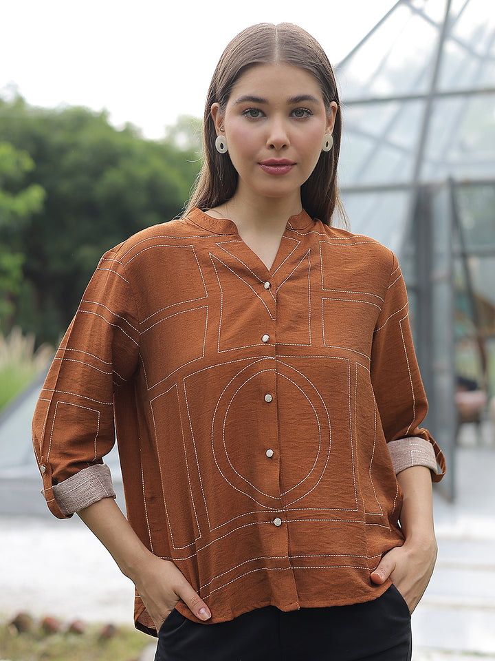 Brown Graphic Print V-Neck Shirt