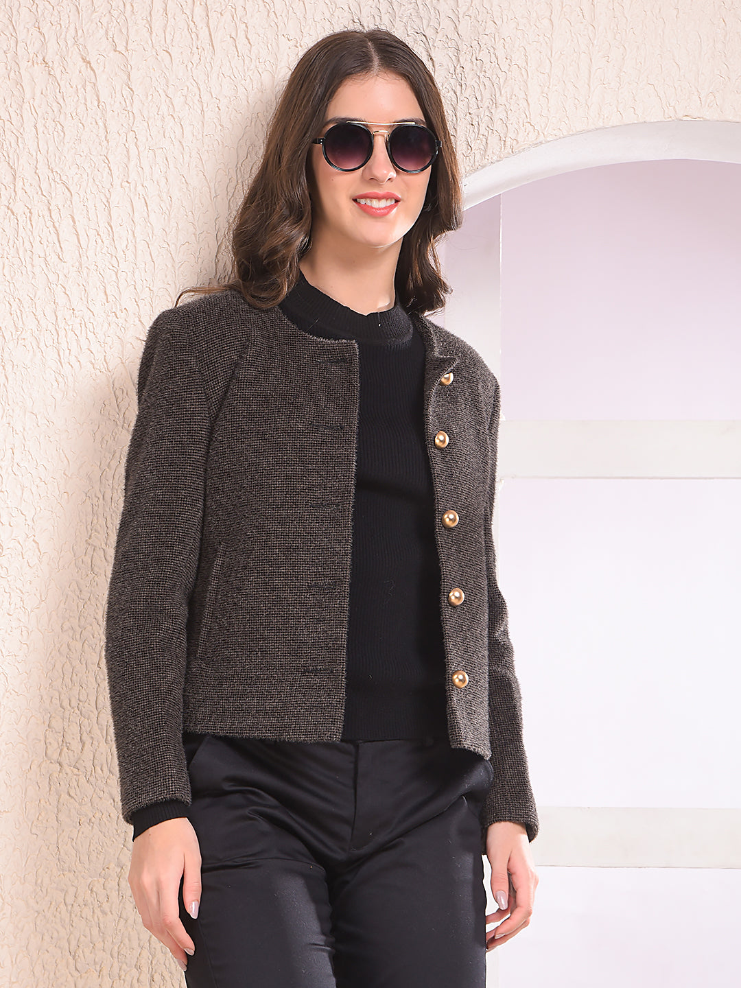 Brown Printed Single-Breasted Coat