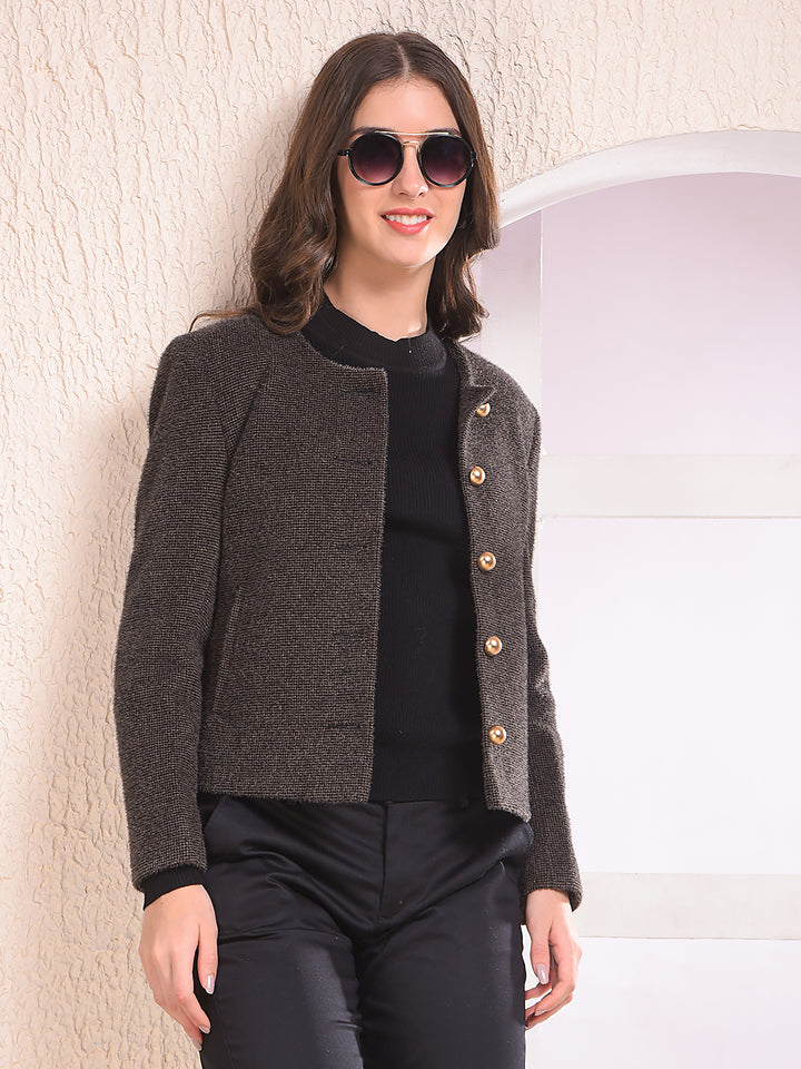 Brown Printed Single-Breasted Coat