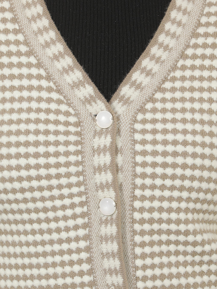 Beige Printed V-Neck Cardigan