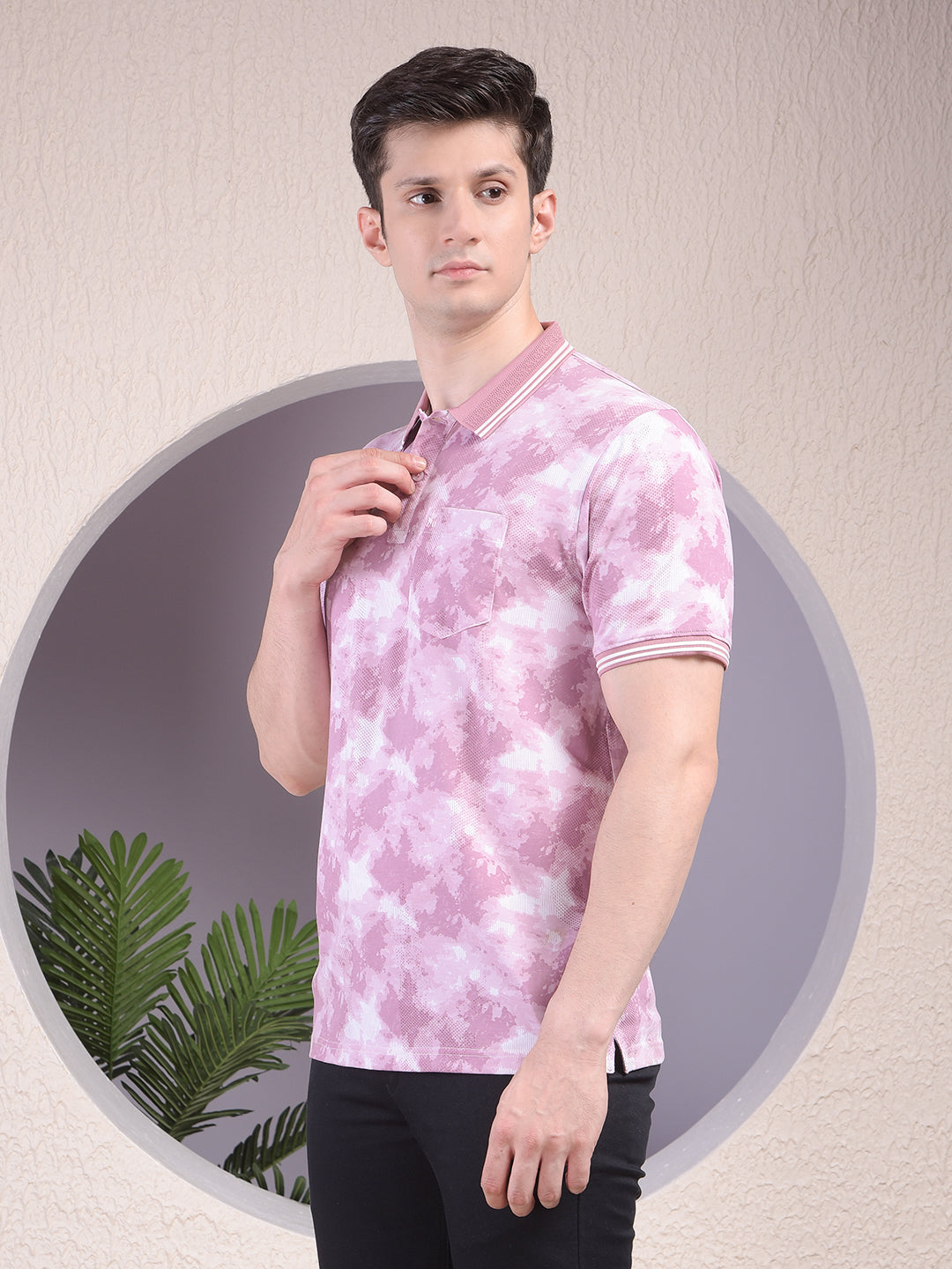 Pink Printed Polo-Neck T-Shirt