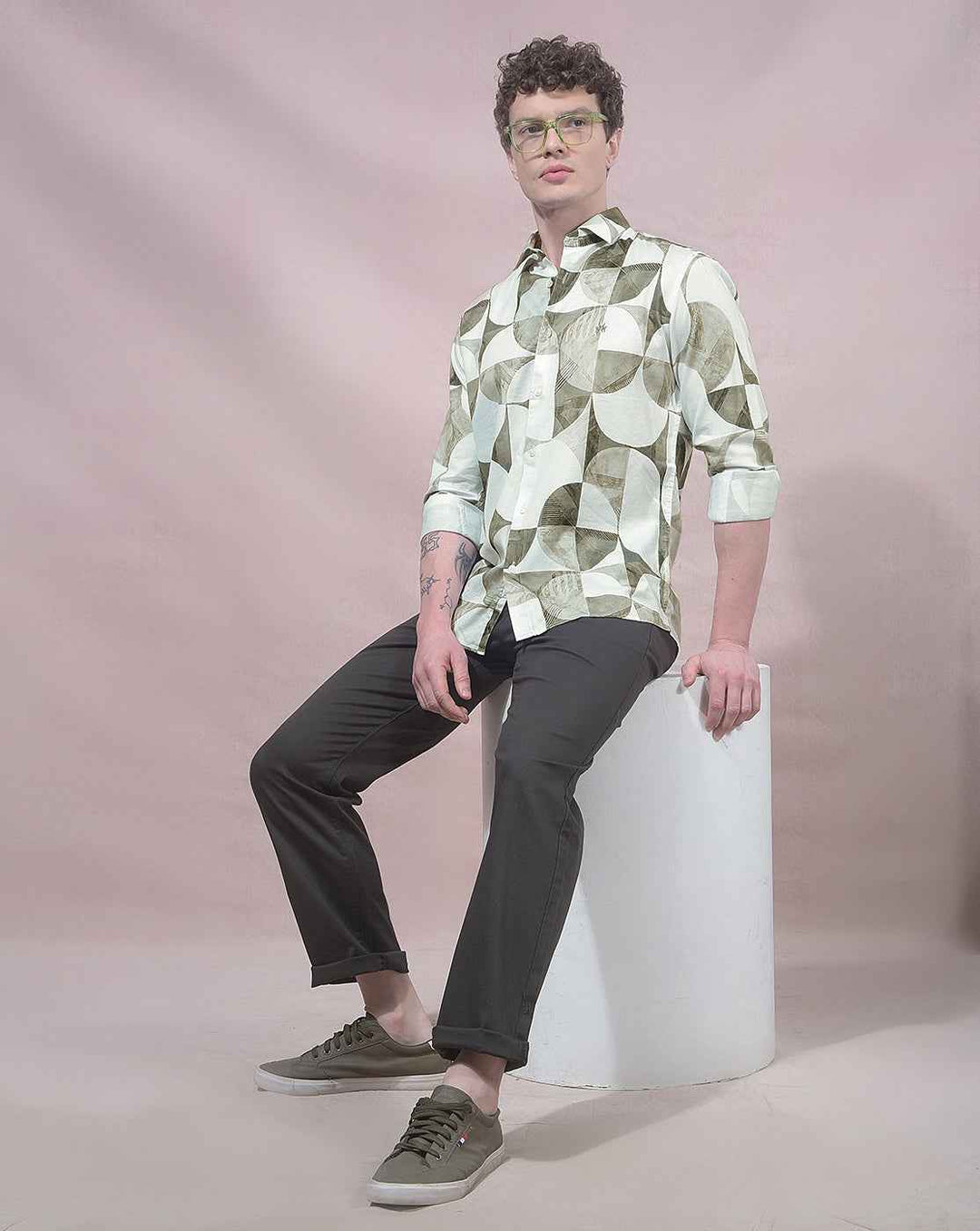 Green Abstract Geometric Print Shirt