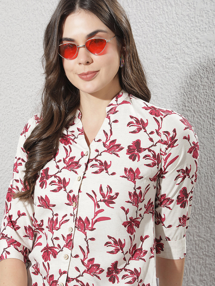 Red Floral Print V-Neck Linen Shirt