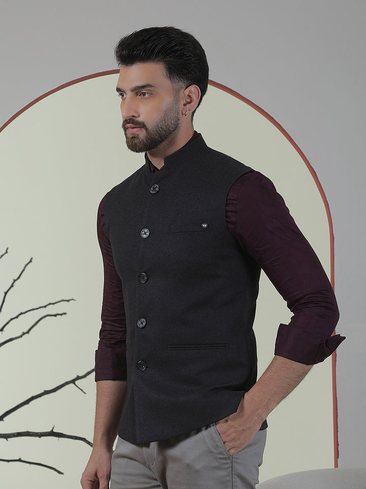 Structured Onyx Black Sleeveless Waistcoat