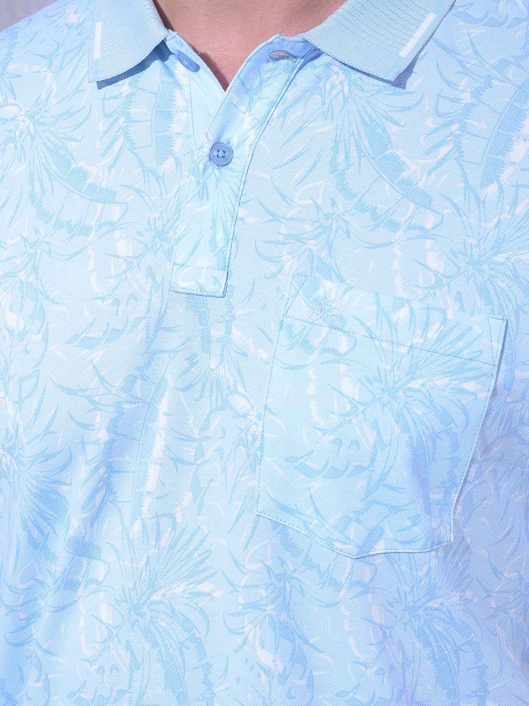 Blue Floral Print Polo Neck T-Shirt
