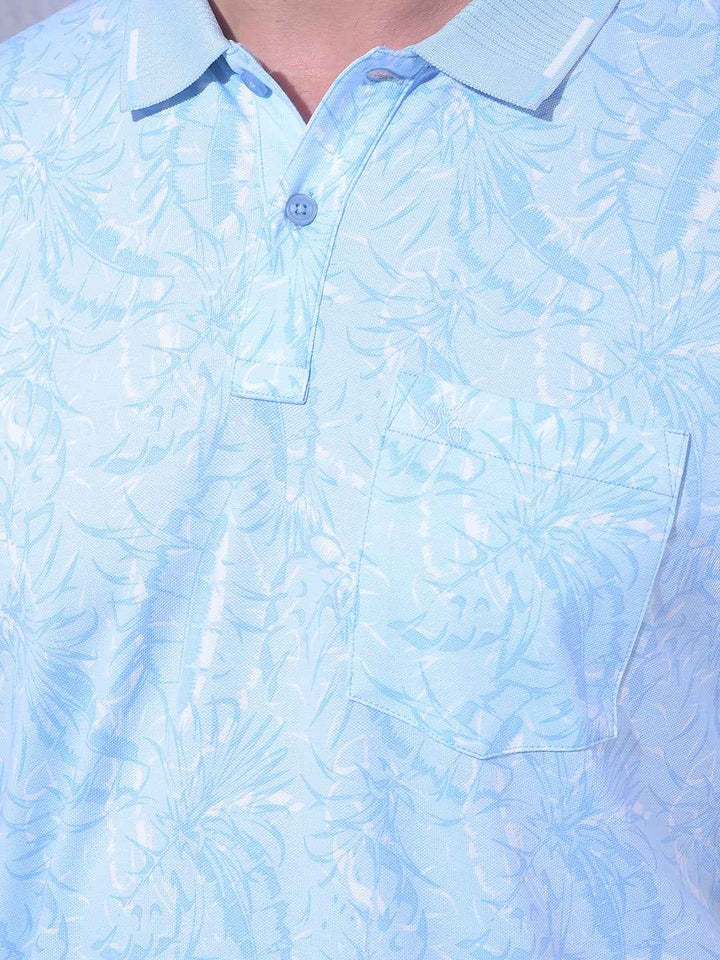 Blue Floral Print Polo Neck T-Shirt