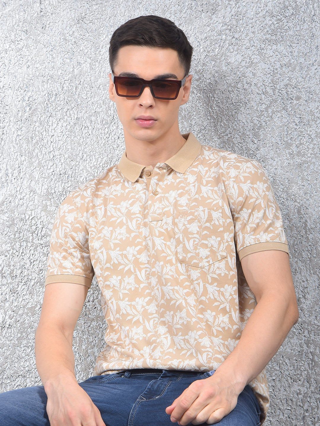 Beige Floral Print Polo-Neck T-Shirt