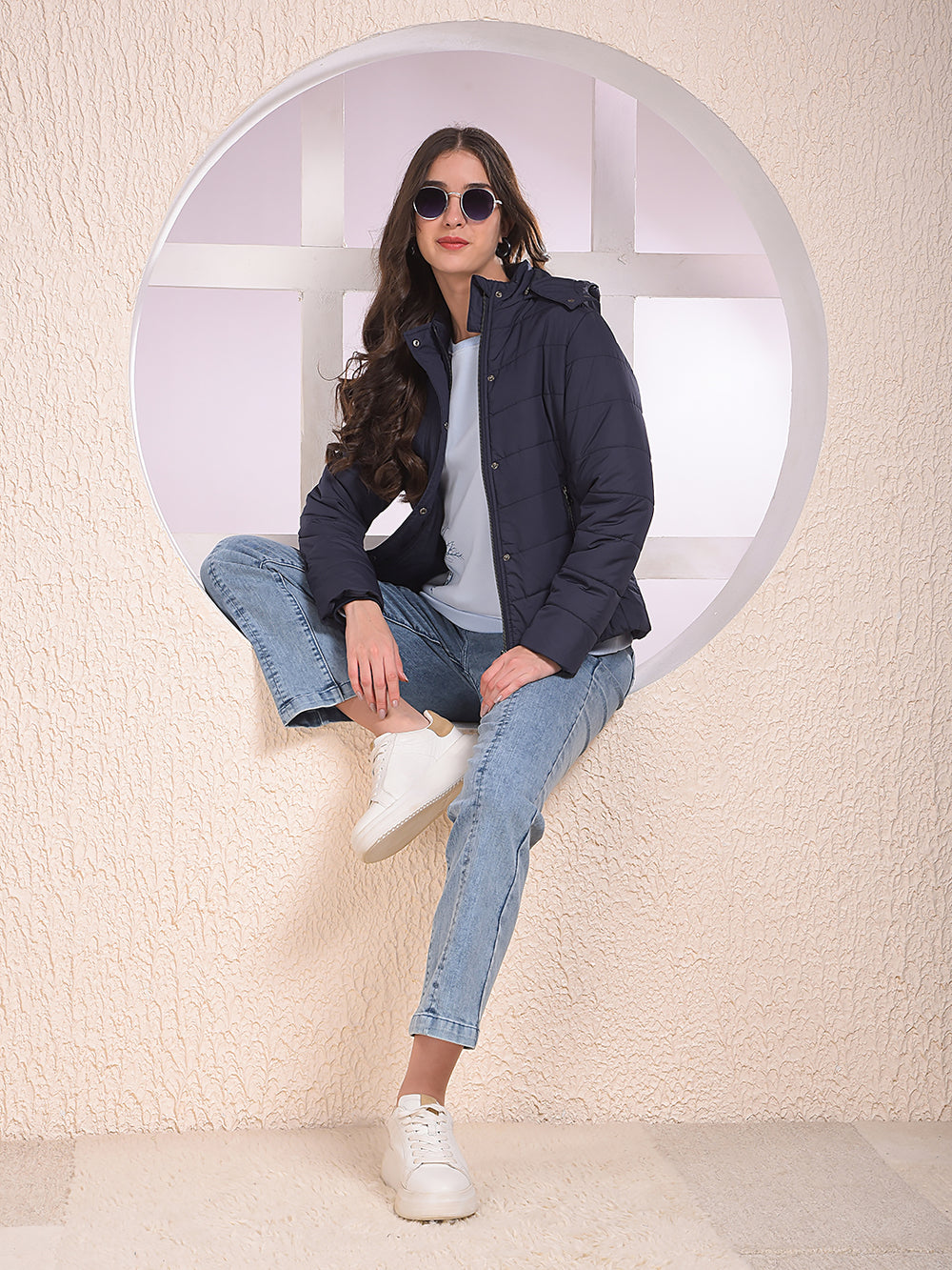 Navy Blue Hooded Neck Puffer Jacket