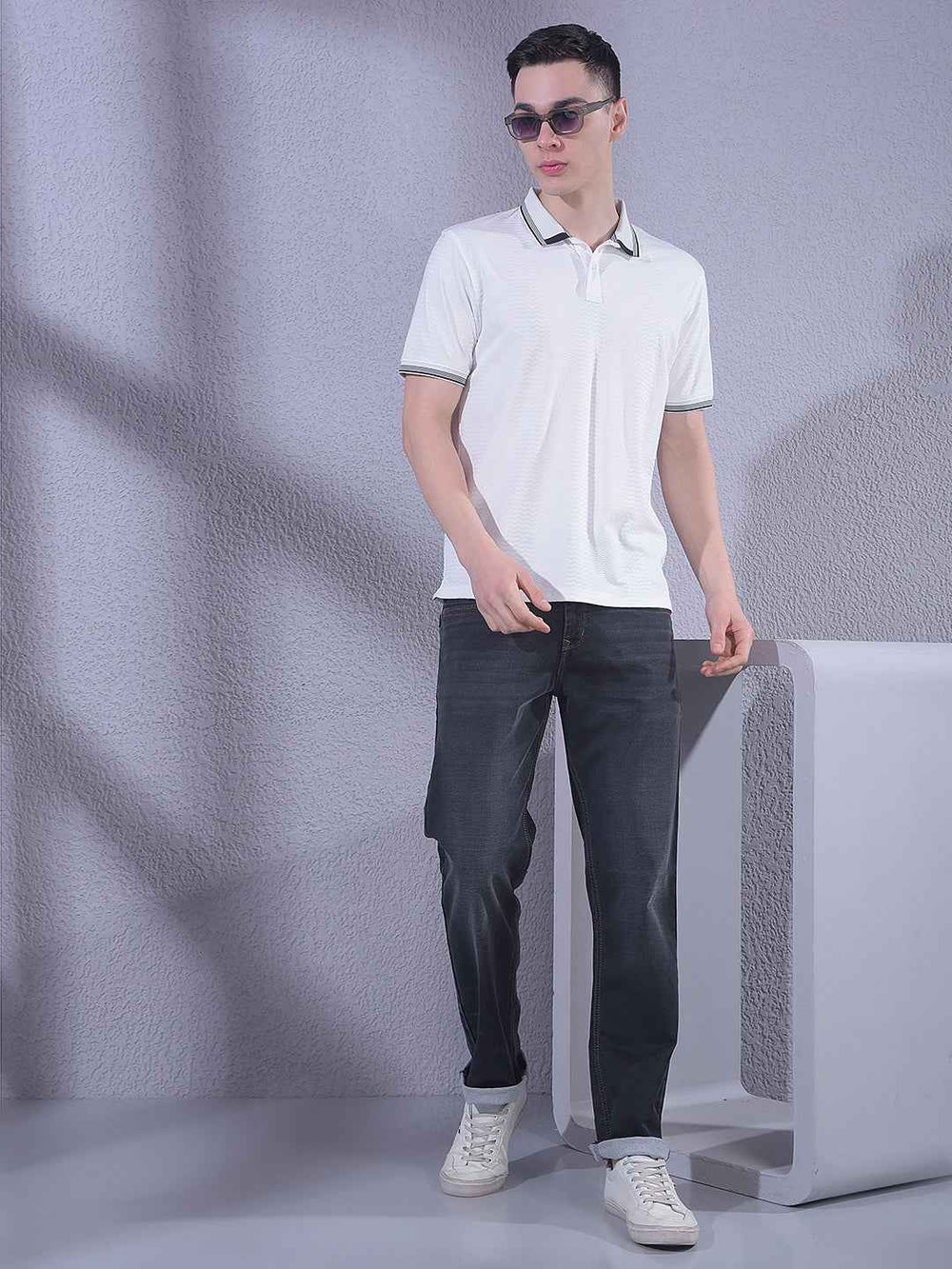 White Jacquard Polo Neck T-Shirt