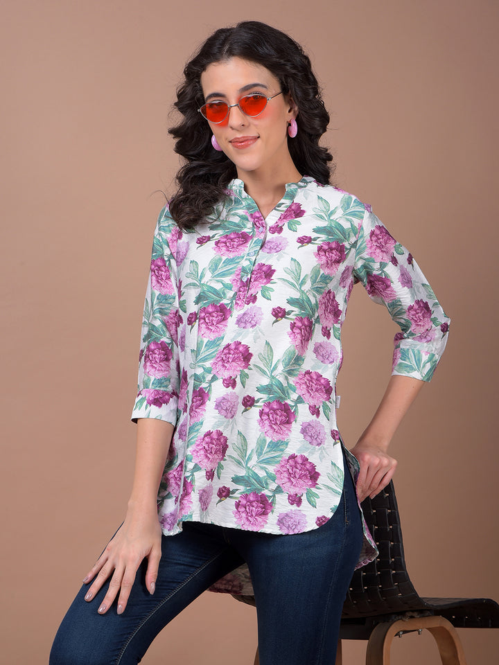 Purple Floral Print V-Neck Top