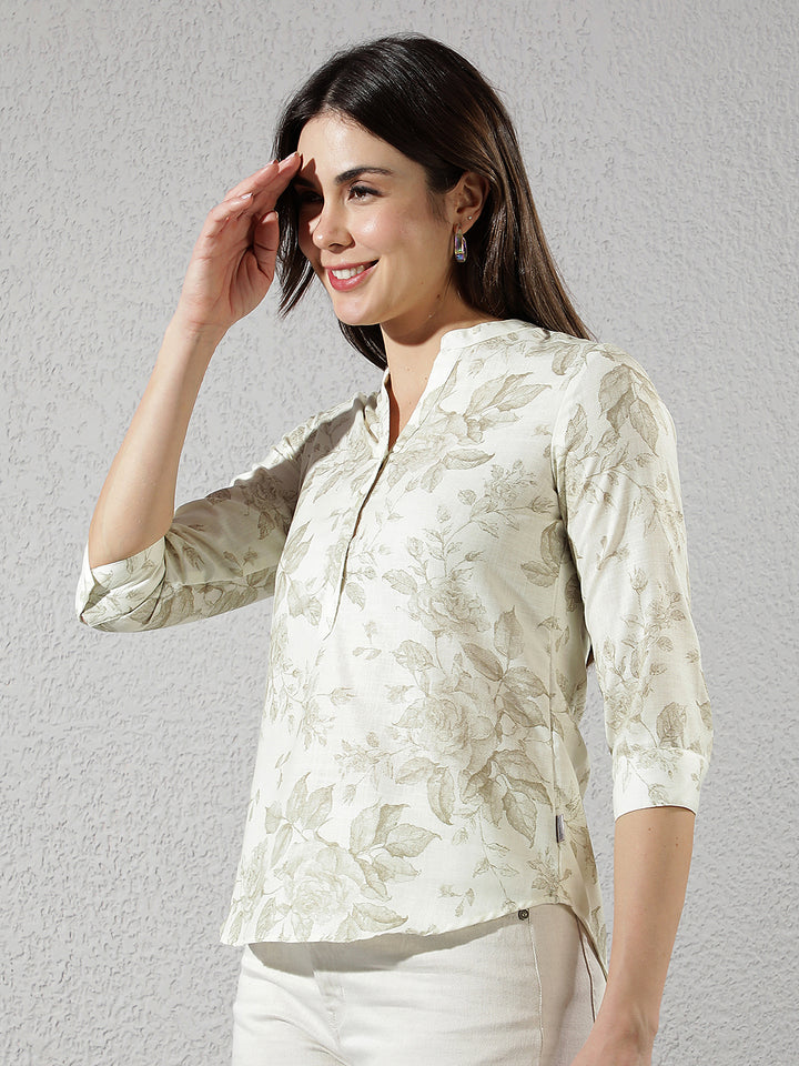 Green V-Neck Floral Printed Top