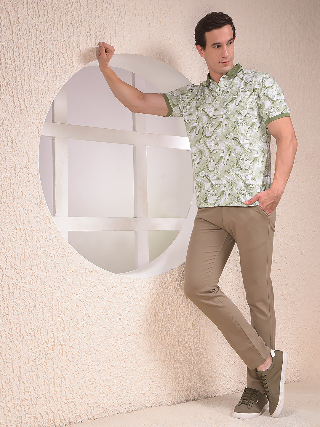 Stone Khaki Textured Fit Trousers