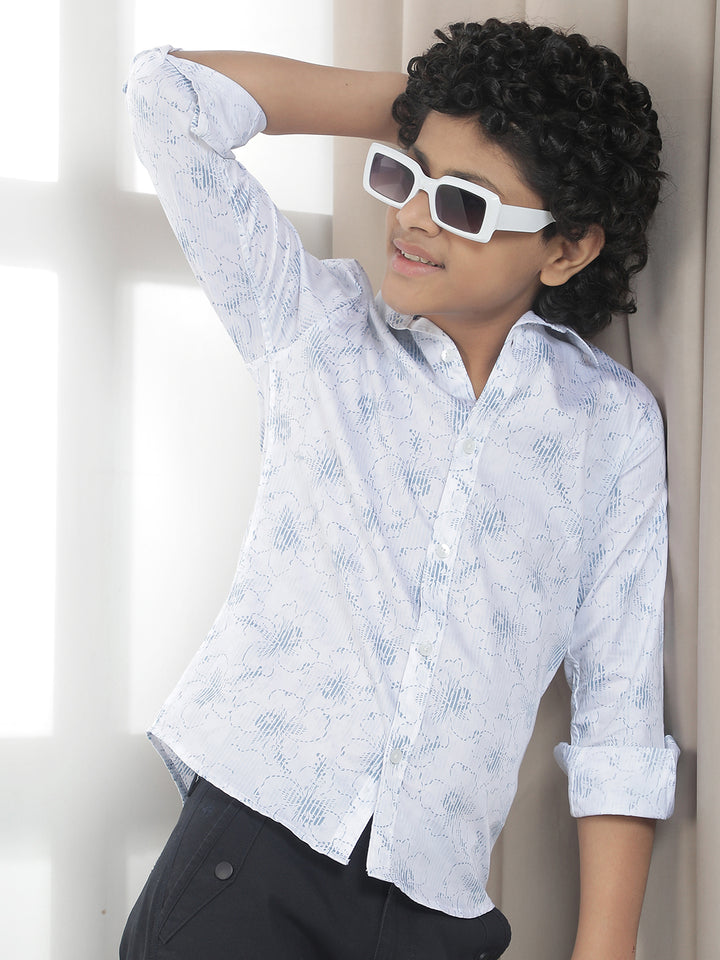 White 100% Cotton Floral Print Shirt
