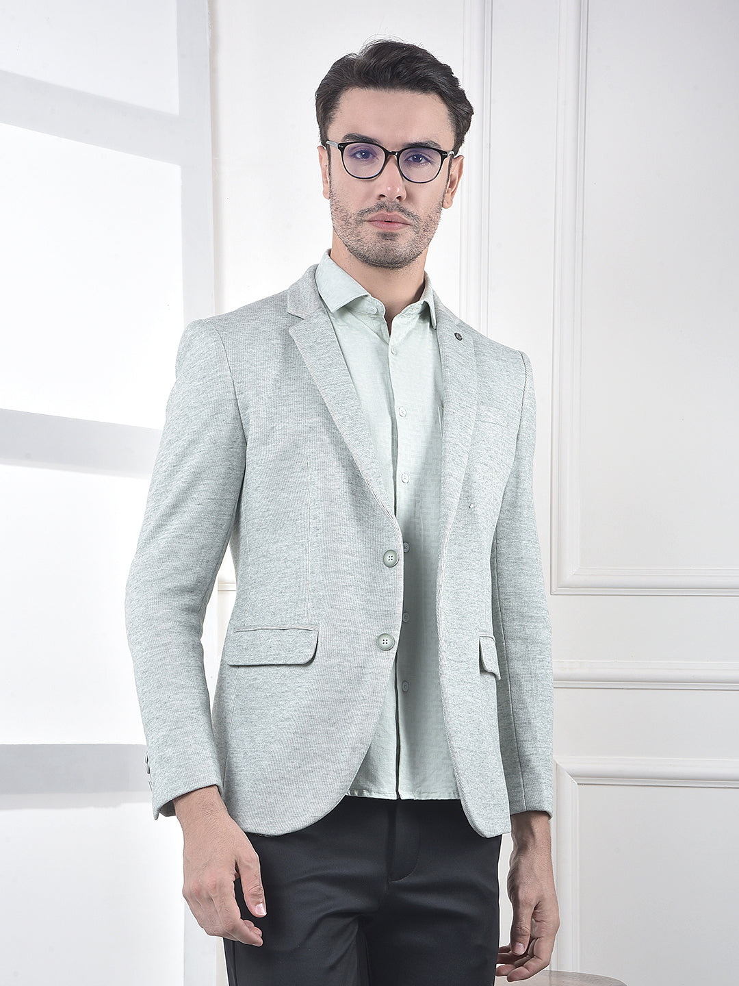 Green Notched Lapel Single-Breasted Blazer