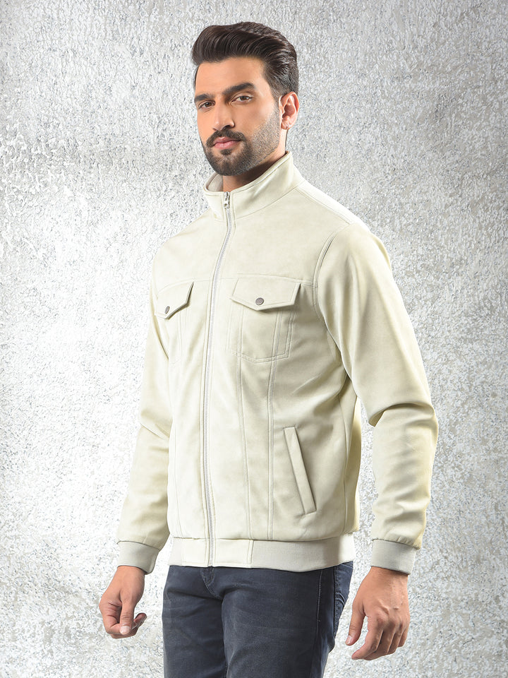 Cream Knit-Panel Casual Jacket