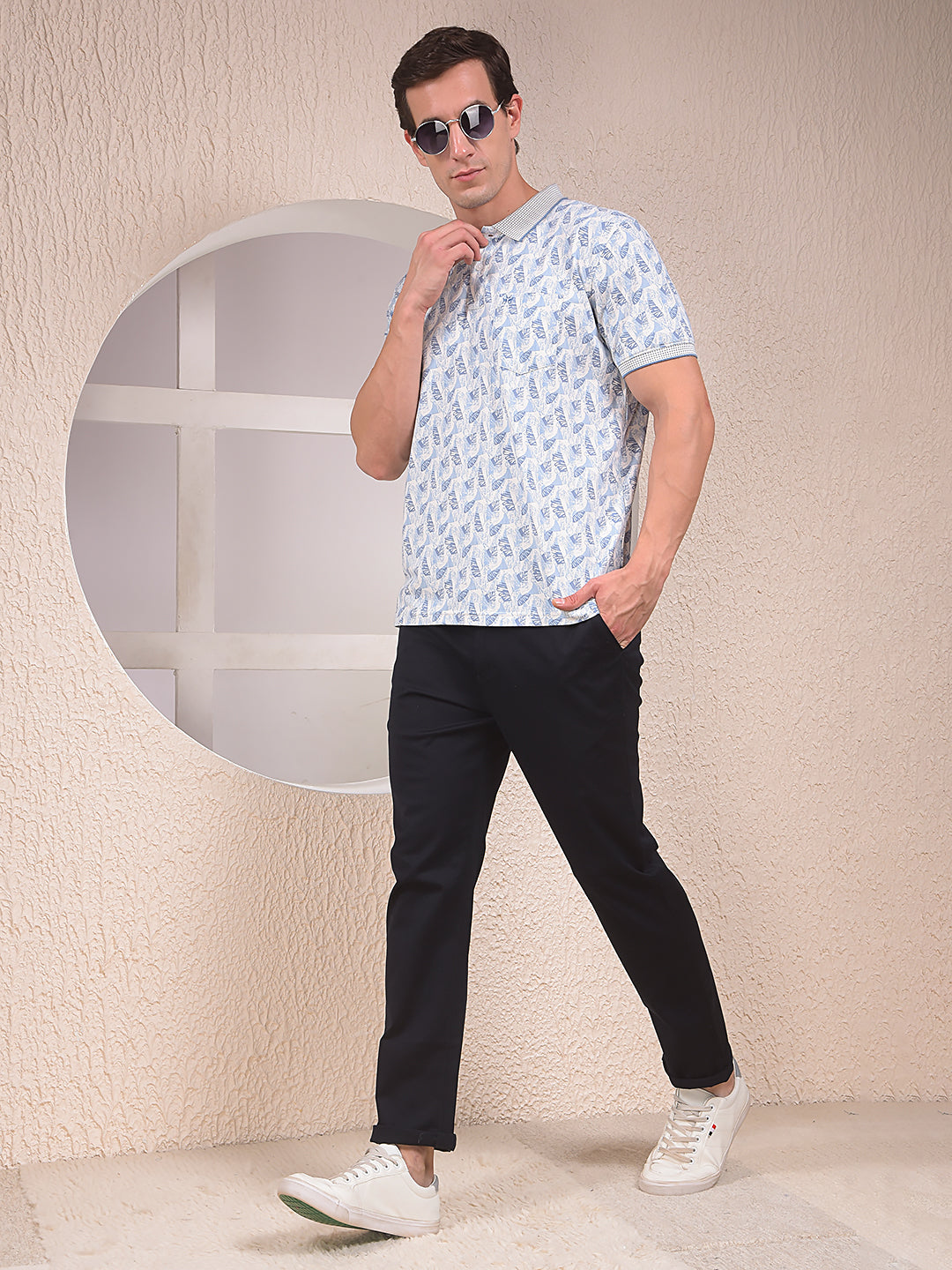 Blue Printed Polo Neck T-Shirt