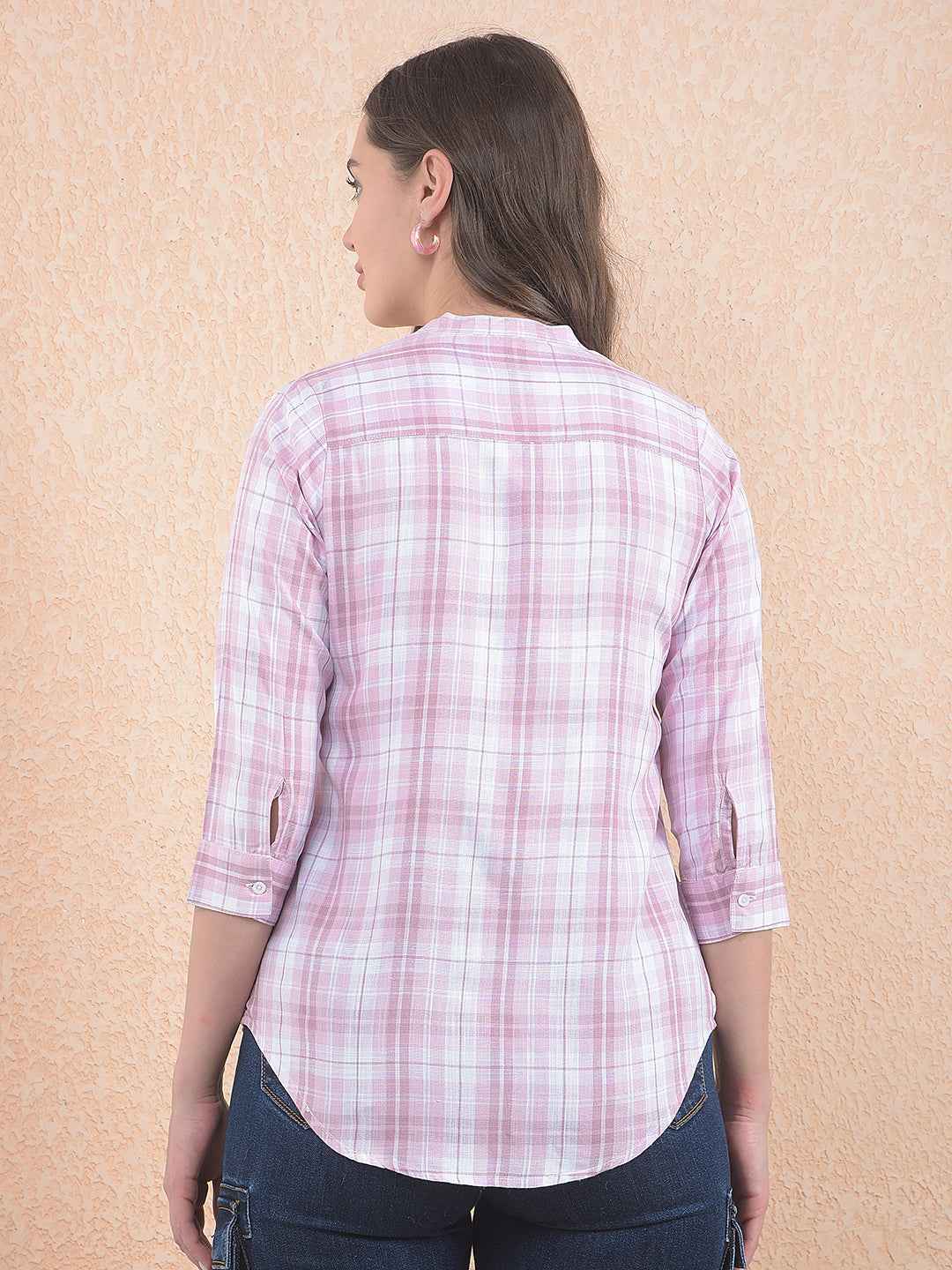 Pink V-Neck Plaid Check Shirt