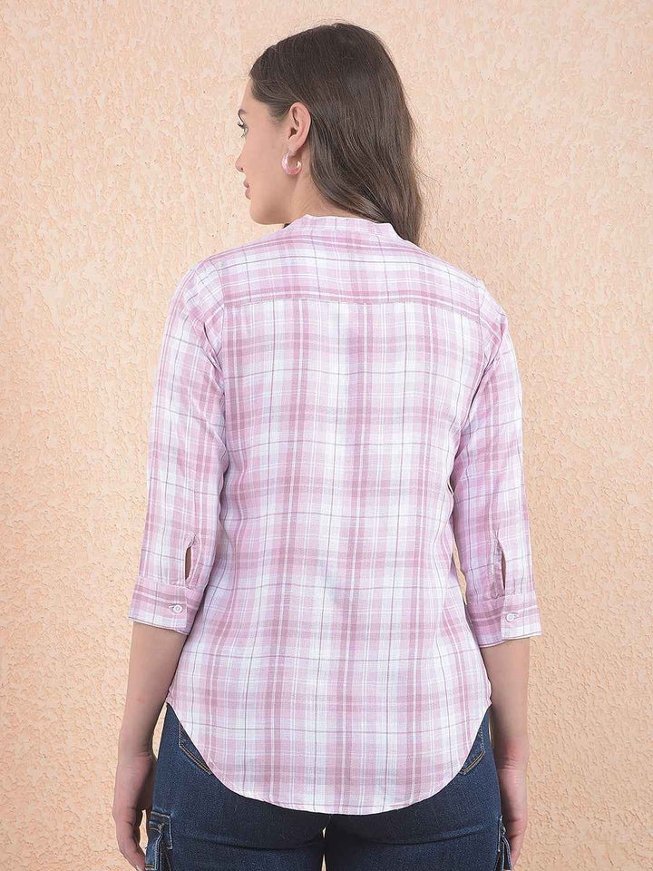 Pink V-Neck Plaid Check Shirt
