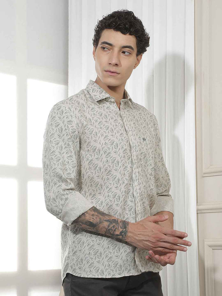 Green Botanical Print Linen Shirt