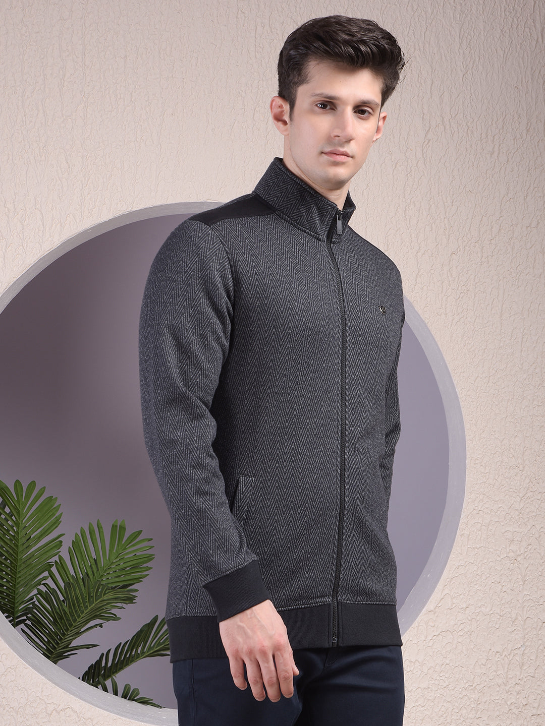 Black Herringbone Zip-Up Sweatshirt