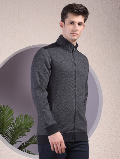 Black Herringbone Zip-Up Sweatshirt