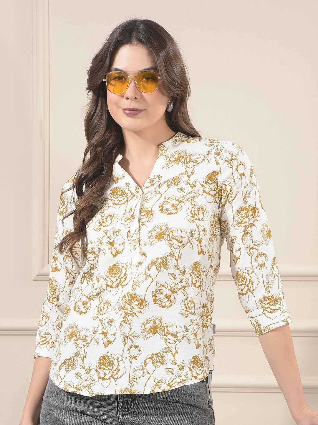 Olive Floral Print V-Neck 100% Cotton Top