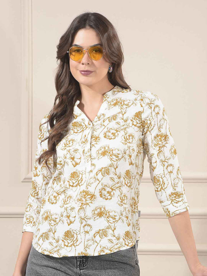 Olive Floral Print V-Neck 100% Cotton Top