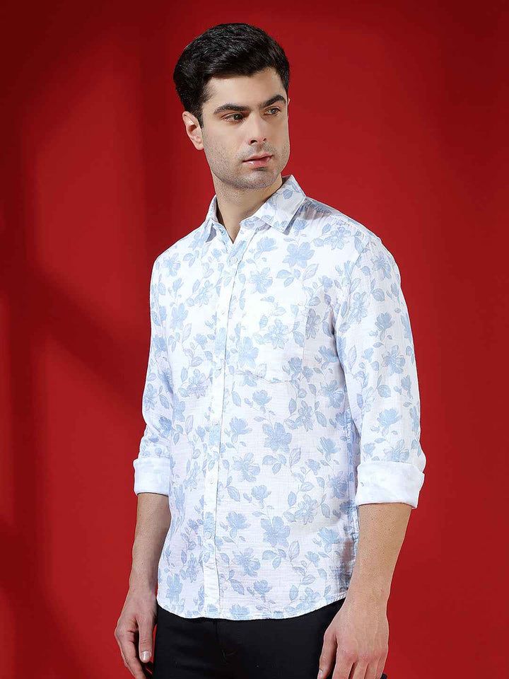 Blue Floral Print 100% Cotton Shirt