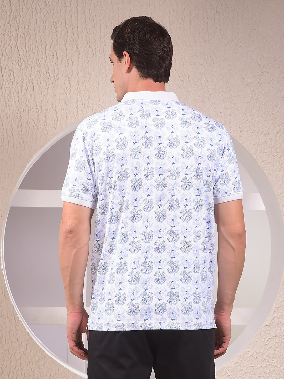 Blue Floral Print Polo Neck T-Shirt