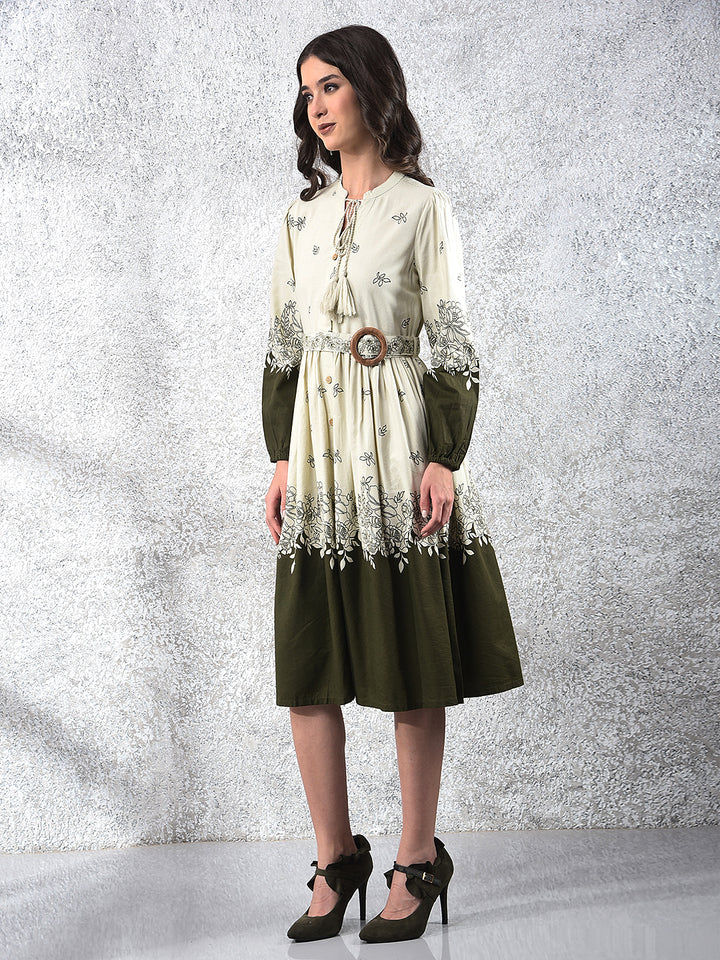 Olive Floral Print V-Neck A-Line Dress With Belt