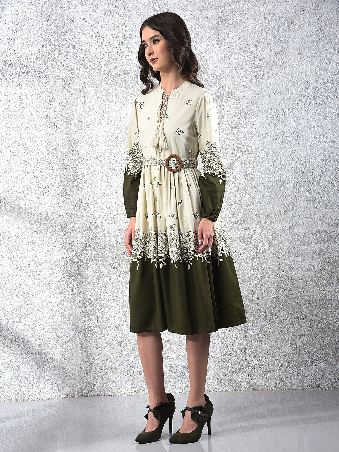 Olive Floral Print V-Neck A-Line Dress With Belt