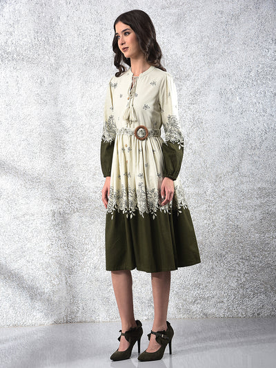 Olive Floral Print V-Neck A-Line Dress With Belt