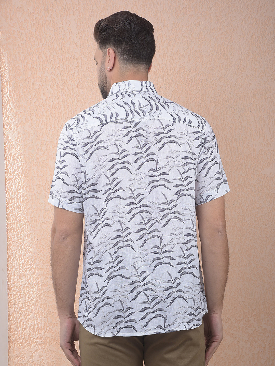 Off White Floral Print Linen Shirt