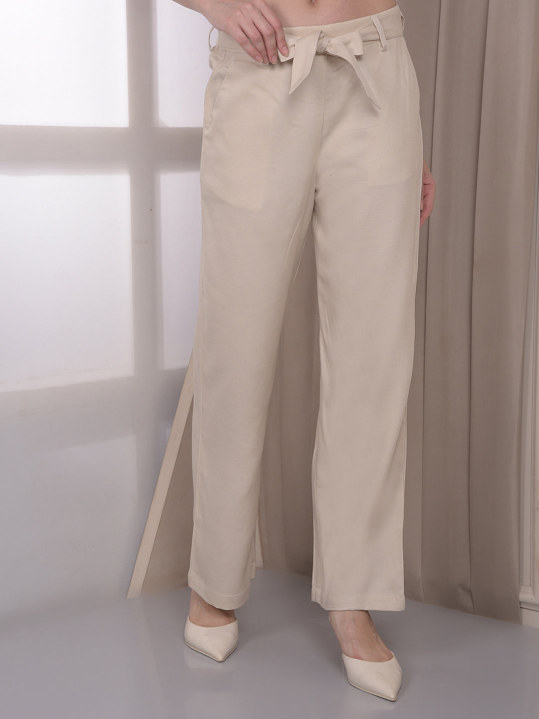 Beige Wide Leg Casual Trousers With Belt