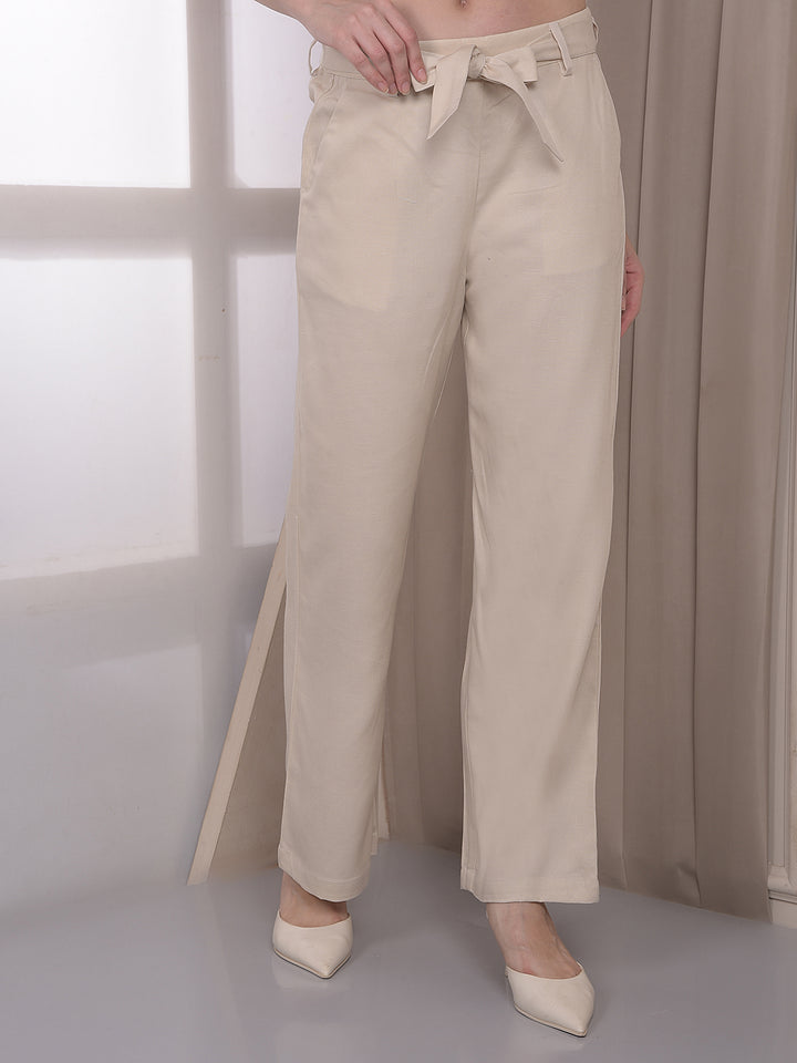 Beige Wide Leg Casual Trousers With Belt