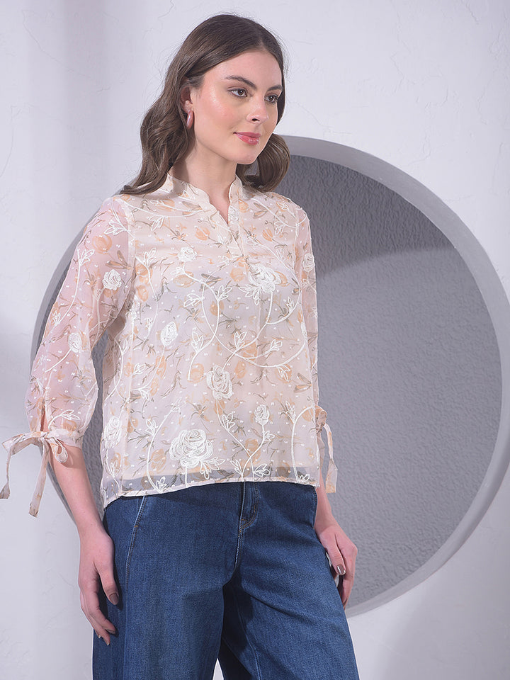 Peach Embroidered V-Neck Top