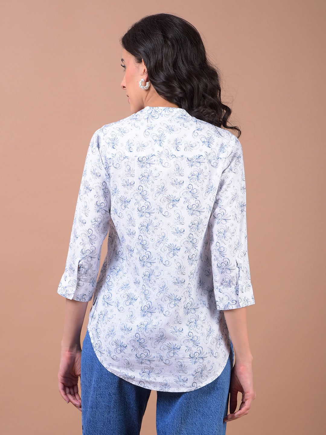 White Floral Print V-Neck Linen Top