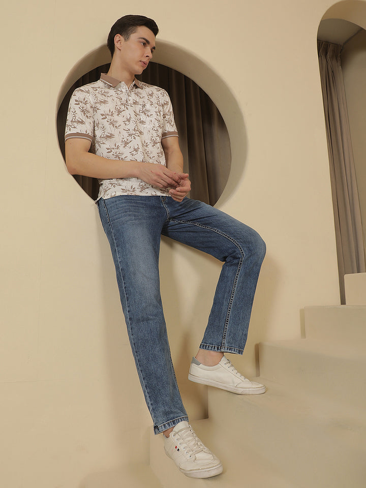 Brown Floral Print Polo Neck T-Shirt